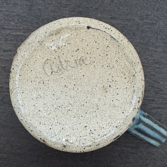 Studio Art Pottery Mug Green Brown Raised Abstract Swirl Striped Handle Signed - Picture 14 of 14